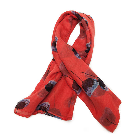 Coral Scarf with Blue Poppy Design