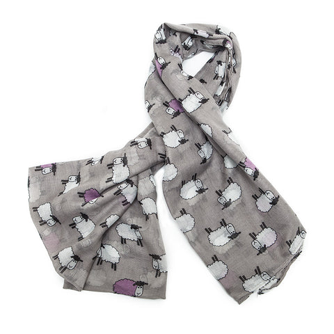 Grey Scarf with White and Purple Sheep Design