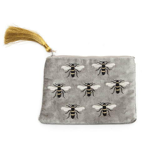 Pom Dove Grey Velvet Embroidered Bee Purse