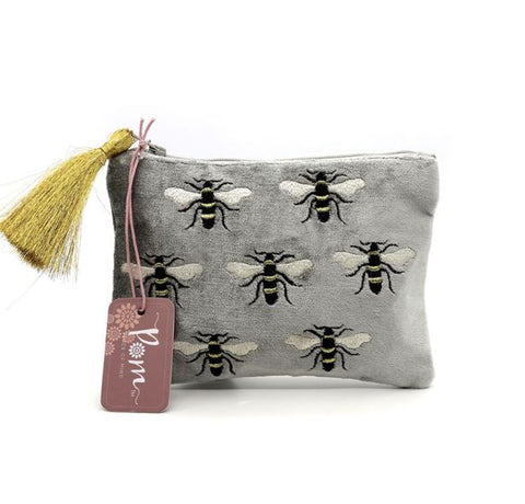 Pom Dove Grey Velvet Embroidered Bee Purse with label