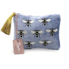 Pom Blue Velvet Embroidered Bee Purse with label