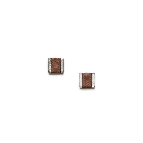Sobo Small Square Stud Earrings with Tan Leather Inlay