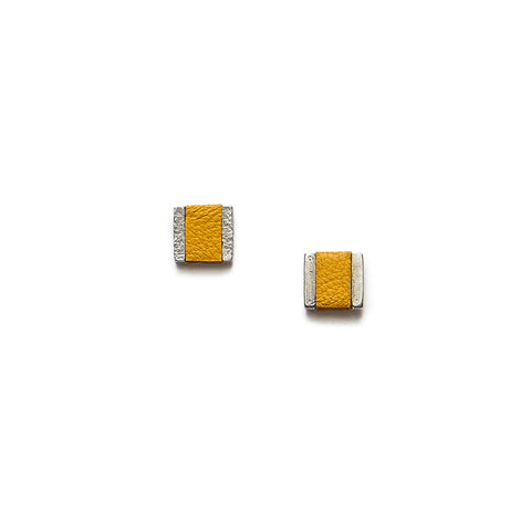 Sobo Small Square Stud Earrings with Yellow Leather Inlay