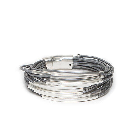 Pom Grey Multi Strand Leather and Silver Bars Bracelet