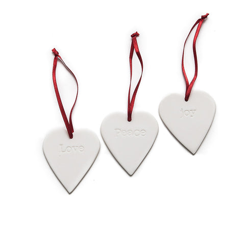 Angel Ceramics Set of Three Hearts: Peace Love Joy Hanging Decorations