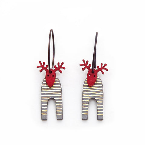 Lene Lundberg K-Form Grey Gold Striped/Red Head Reindeer Earrings