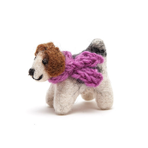 Amica Fair Trade Mini Felt Fox Terrier Dog with Purple Scarf