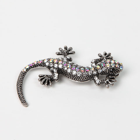 Sparkly Diamante Silver-Finish Lizard Brooch with AB Crystals