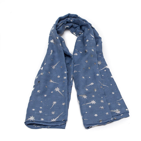 Denim Blue Scarf with Silver Shooting Stars