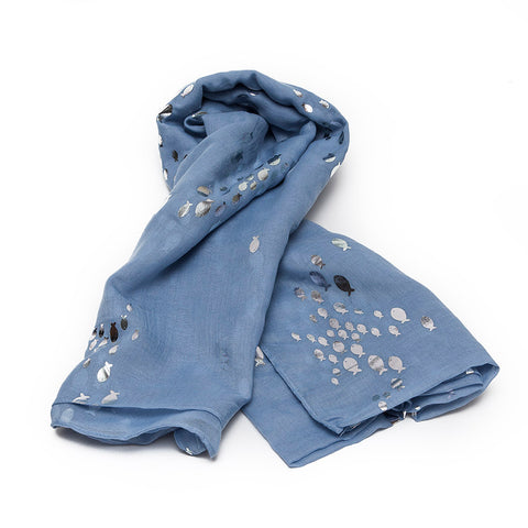 Mid Blue Scarf with Swimming Silver Fishes