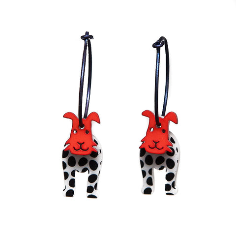 Lene Lundberg K-Form Black and White Dog with Red Face Earrings