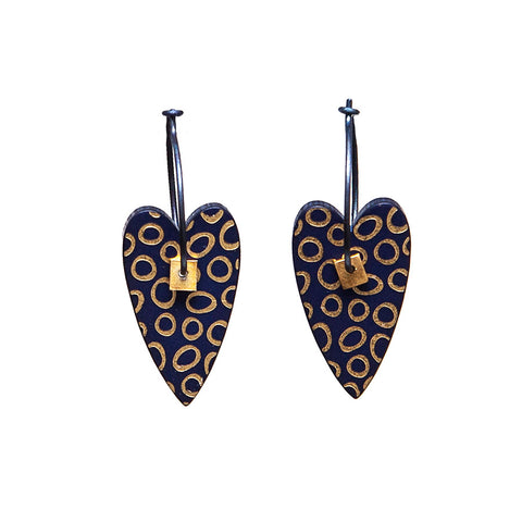 Lene Lundberg K-Form Navy and Gold Heart Earrings