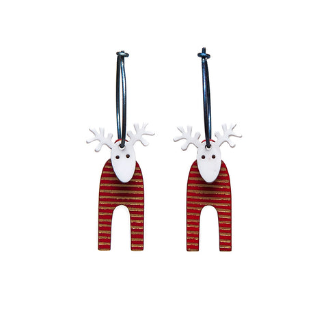 Lene Lundberg K-Form Red with Gold Stripe Reindeer Earrings