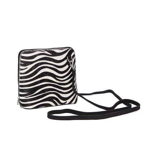 Genuine Leather Small Shoulder Bag in Faux Zebra/Black Suede
