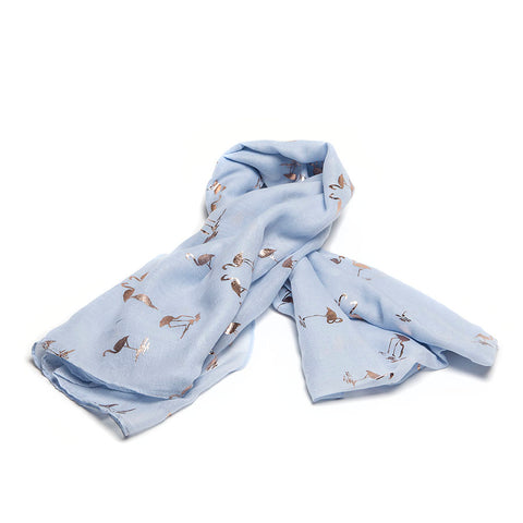 Pale Blue Scarf with Gold Flamingos