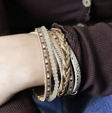 Pom  Plaited Leather, Snakeskin and Beaded Layer Bracelet lifestyle