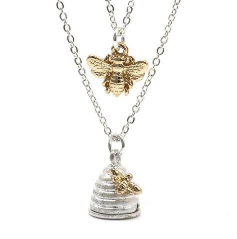 Pom Silver Plated Layered Honey Bee And Beehive Necklace
