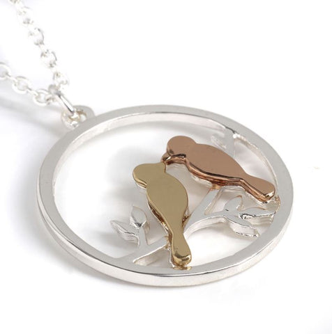 Pom Silver Plated Mixed Finish Lovebirds in Circle Necklace