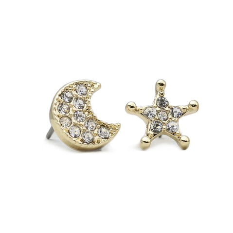 Pom Moon and Star Gold Plated Crystal Stud Earrings