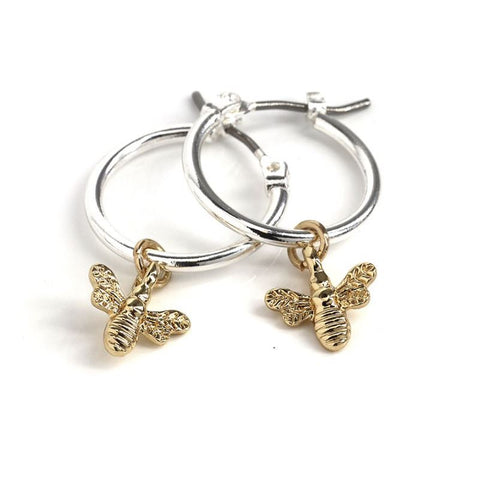 Pom Silver Plated Hoop Earrings with Golden Bee Charm