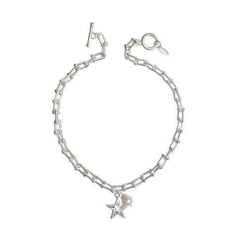 Hot Tomato Star and Pearl Drop on Stirrup Chain Necklace in Worn Silver