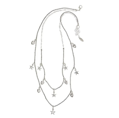 Hot Tomato Double Up Stars and Hearts Necklace in Worn Silver
