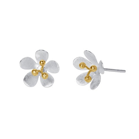 Christin Ranger Satin Daisy Silver and Gold Flower Stud Earrings