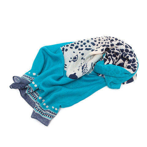 Turquoise Scarf with Abstract Tiger and Leopard Design