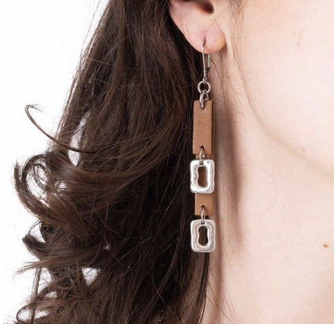 Sobo Double Tan Leather and Small Ring Feature Earrings
