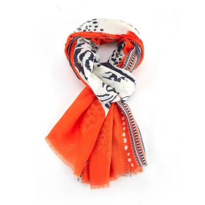 Bright Orange Scarf with Abstract Tiger and Leopard Design