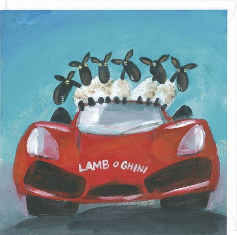 Whistlefish Lamb O Ghini greeting card by artist Gerry Plumb six lambs riding in a red Lamborghini  car