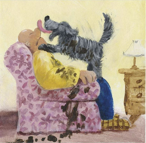 greeting card with exuberant messy dog licking his owner