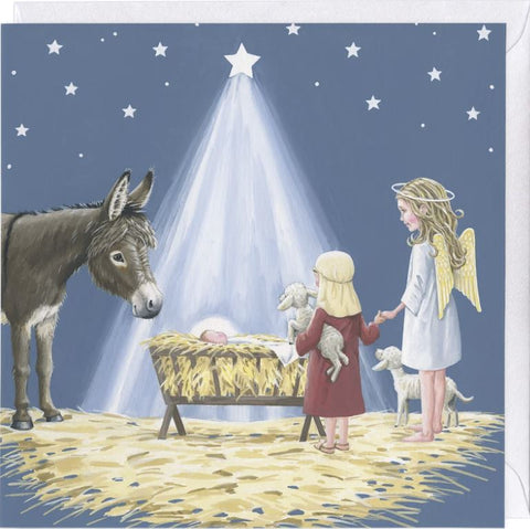 WhistlefishNativityChristmasCard. with a child angel Joseph donkey and lambjpg