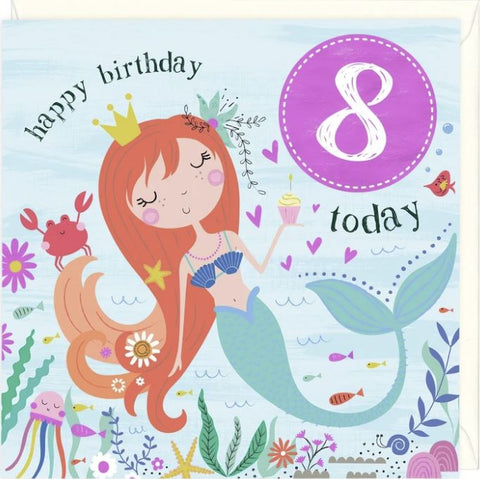 Happy Birthday 8 Today greetings card with a smiling mermaid