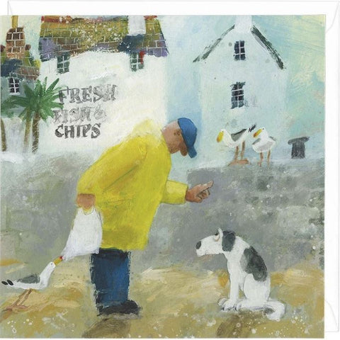 Seaside Takeaway Greeting Card with reprimanded dog and thieving gull