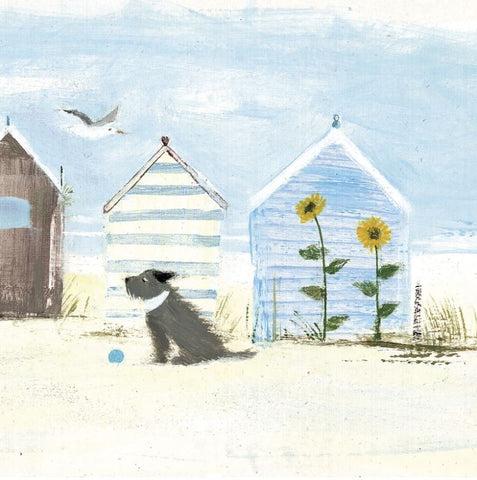 Sunflowers greeting card with wind swept dog and beach huts
